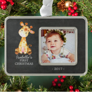 Giraffe Meisje Baby's Eerste Kerstmis Foto Ornamen Verzilverd Omlijst Ornament