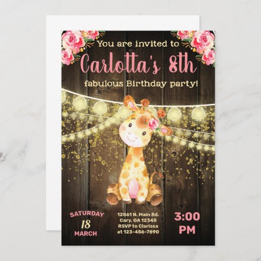Giraffe meisje verjaardagsuitnodiging, bruin hout. kaart (Voorkant / Achterkant)