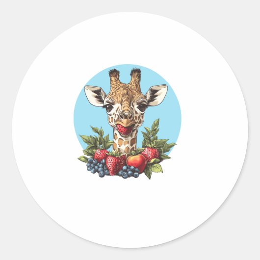 Giraffe met aardbeien bosbessen appels ronde sticker (Voorkant)