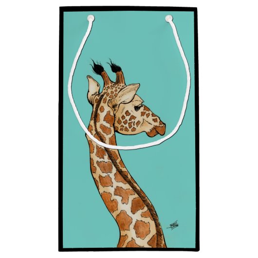 Giraffe met blauwgroen achtergrond klein cadeauzakje (Achterkant)