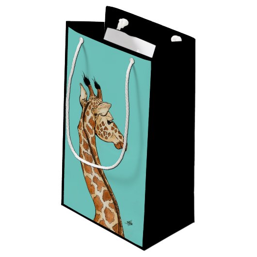 Giraffe met blauwgroen achtergrond klein cadeauzakje (Achterkant Gekanteld)
