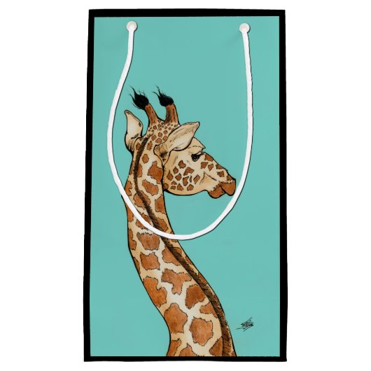 Giraffe met blauwgroen achtergrond klein cadeauzakje (Voorkant)