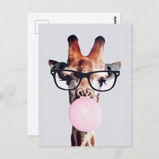 Giraffe met bril die roze bruinkgom blaast briefkaart (Voorkant / Achterkant)
