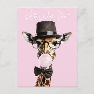 Giraffe met bril, hoed, kauwgom Beterschap Briefkaart