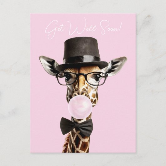 Giraffe met bril, hoed, kauwgom Beterschap Briefkaart (Voorkant)