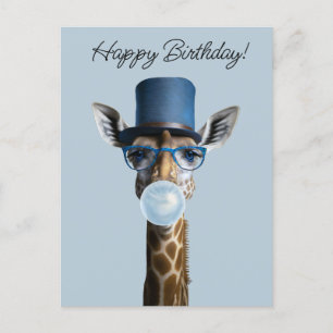 Giraffe met bril, hoge hoed en blauwe gom briefkaart