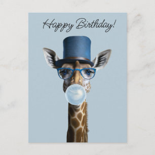 Giraffe met bril, hoge hoed en blauwe kauwgom briefkaart