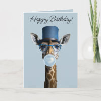 Giraffe met bril, hoge hoed en blauwe kauwgom
