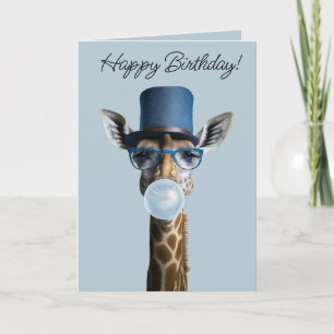 Giraffe met bril, hoge hoed en blauwe kauwgom kaart