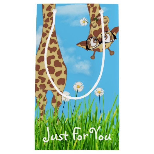 Giraffe met bril in gras klein cadeauzakje (Voorkant)