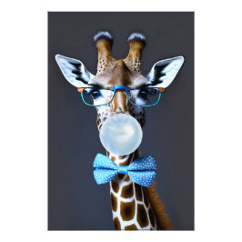 Giraffe met bril, vlinderdas die blauwe kauwgom bl foto afdruk