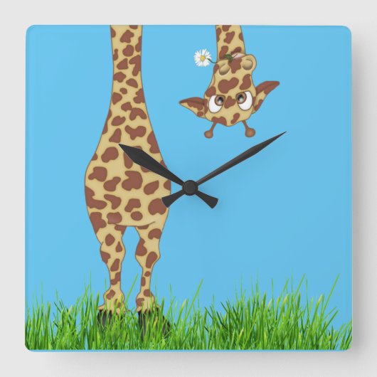 Giraffe met Daisy op blauw Vierkante Klok (Voorkant)