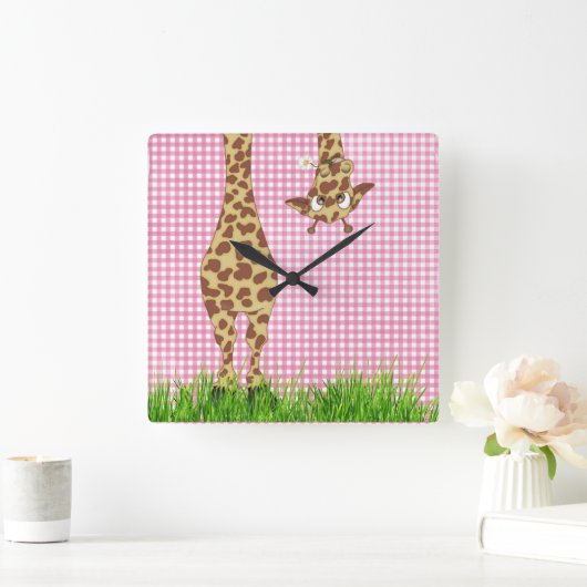 Giraffe met Daisy op roze gingham Vierkante Klok (Huis)