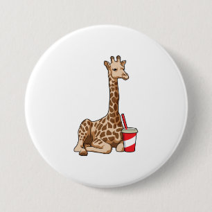 Giraffe met drankje ronde button 7,6 cm