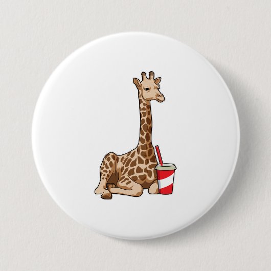 Giraffe met drankje ronde button 7,6 cm (Voorkant)