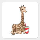 Giraffe met Drink Vierkante Sticker (Voorkant)