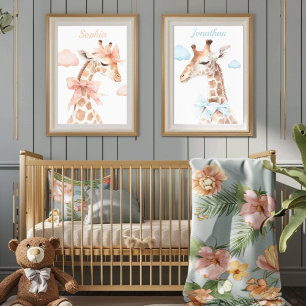 Giraffe met een blauw lint baby boy kinderkamer perfect poster