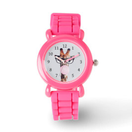 Giraffe met een bril die een roze kauwgom blaast horloge