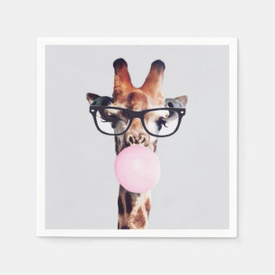 Giraffe met een bril die een roze kauwgomblaas bla servet