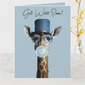 Giraffe met een bril, hoge hoed, kauwgom Get Well Kaart (Gele Bloem)