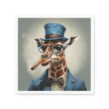 Giraffe met een hoge hoed die een sigaar rookt