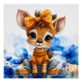 Giraffe met gestippelde strik blauwe papavers perfect poster (Voorkant)