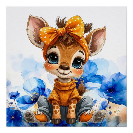 Giraffe met gestippelde strik blauwe papavers perfect poster (Voorkant)
