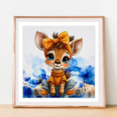 Giraffe met gestippelde strik blauwe papavers perfect poster