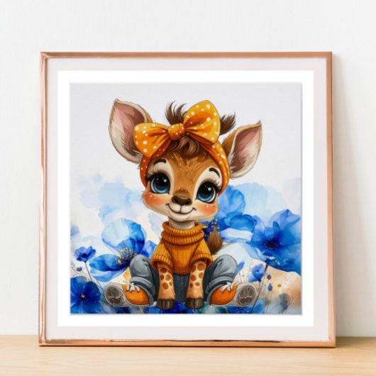 Giraffe met gestippelde strik blauwe papavers perfect poster