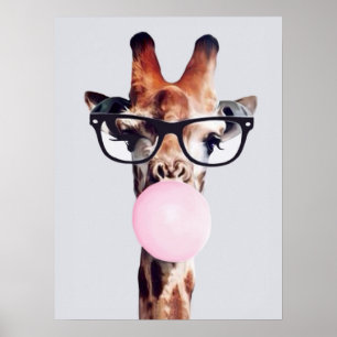 GIRAFFE MET GLAZEN DIE EEN KINKBUBBELGOM BLOKKEN POSTER