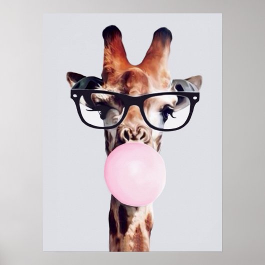 GIRAFFE MET GLAZEN DIE EEN KINKBUBBELGOM BLOKKEN POSTER (Voorkant)