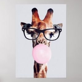 GIRAFFE MET GLAZEN DIE EEN KINKBUBBELGOM BLOKKEN POSTER