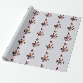 GIRAFFE MET GLAZEN DIE EEN PINKBUBBLEGUM BLOKKEN CADEAUPAPIER