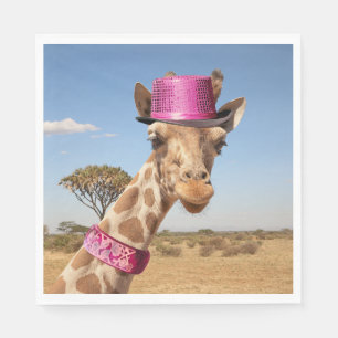 Giraffe met glinsterende roze hoed servet