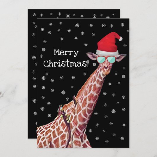 Giraffe met Kerstmis met Santa Hat en Snow Merry Feestdagenkaart (Voorkant / Achterkant)