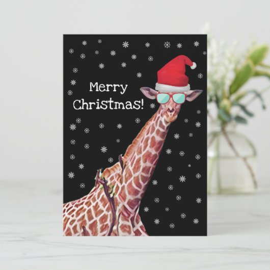 Giraffe met Kerstmis met Santa Hat en Snow Merry Feestdagenkaart (Staand voorkant)