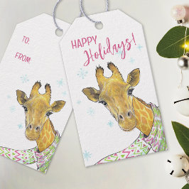Giraffe met kerstsjaal Schattige grappig Dierenkun Cadeaulabel