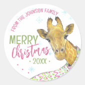 Giraffe met kerstsjaal Schattige plezier Dierenkun Ronde Sticker (Voorkant)
