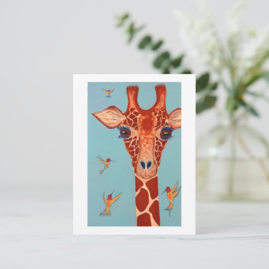 Giraffe met kolibrie briefkaart (Staand voorkant)