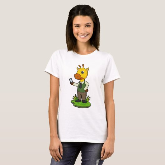 Giraffe met mobiele t-shirt (Voorkant volledig)