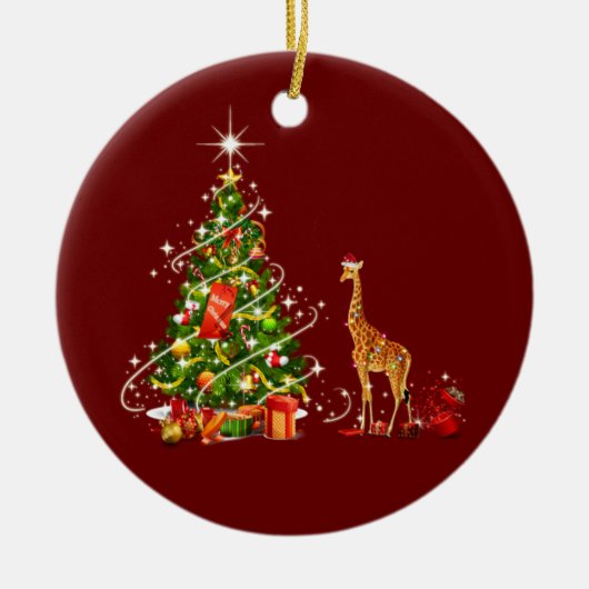 Giraffe met Pet LIGHTS Kerstmis Keramisch Ornament (Voorkant)