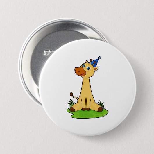 Giraffe met pet van de partij ronde button 7,6 cm (Voorkant /achterkant)