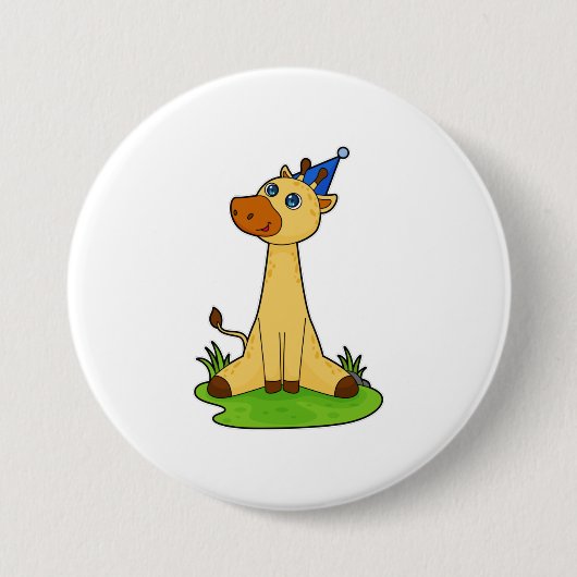 Giraffe met pet van de partij ronde button 7,6 cm (Voorkant)
