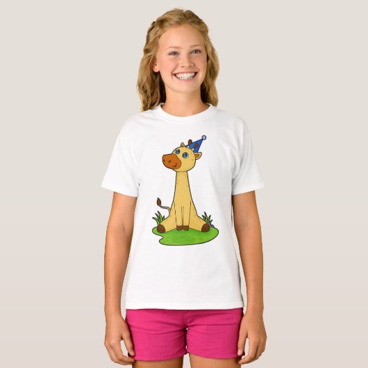 Giraffe met pet van de partij t-shirt (Voorkant volledig)