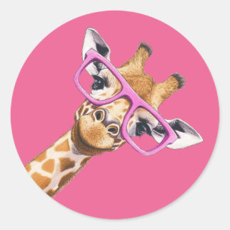 Giraffe met Roze Bril Cute Dierensticker Ronde Sticker