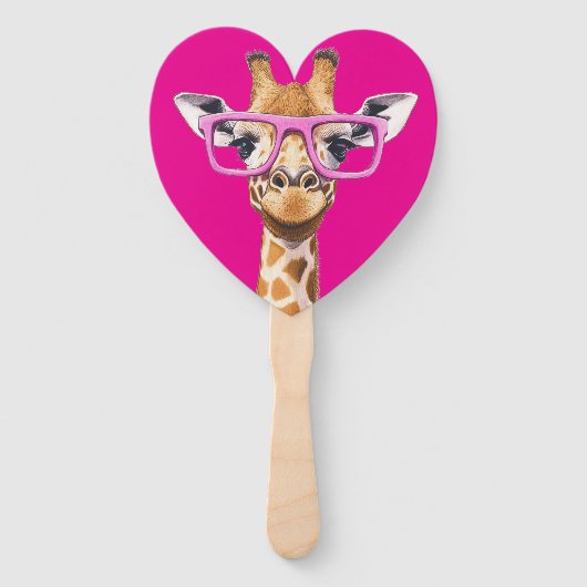 Giraffe met Roze Bril Favors (donkerroze bg) Handwaaier (Voorkant)