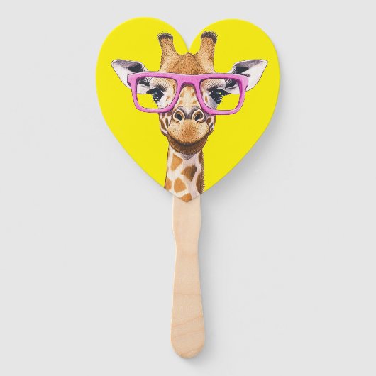 Giraffe met Roze Bril Favors (geel bg) Handwaaier (Voorkant)