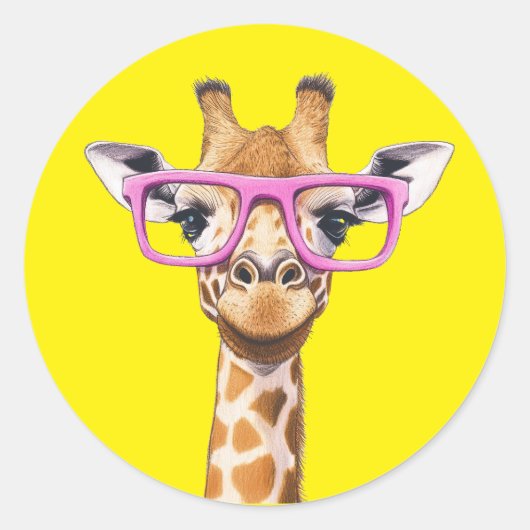 Giraffe met roze bril Geel Backgrad. Sticker (Voorkant)