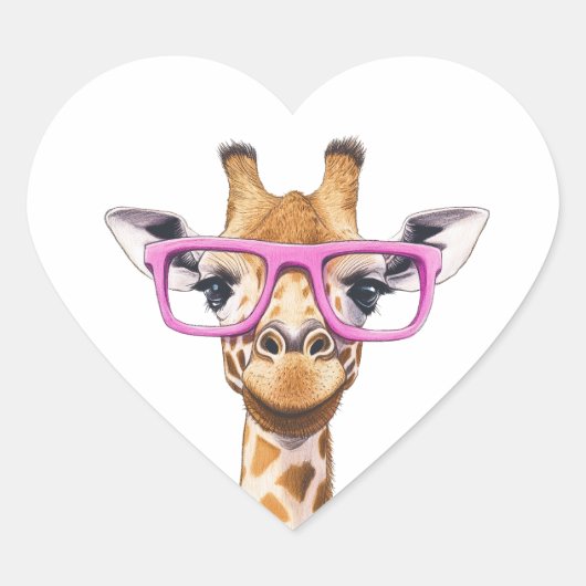 Giraffe met roze bril hart sticker (Voorkant)