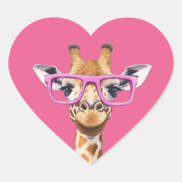 Giraffe met roze bril Roze achtergrond Hart Sticker